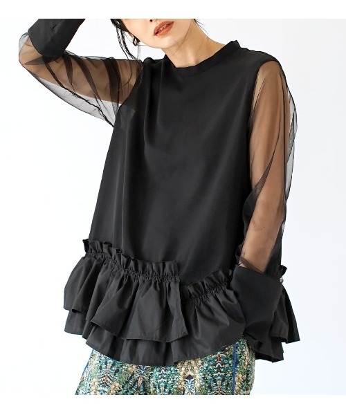 e-zakkamania stores（イーザッカマニアストアーズ）の「バブルヘム シアースリーブトップ（シャツ/ブラウス・レディース・カーキ/ブラック・M）」の2枚目の写真