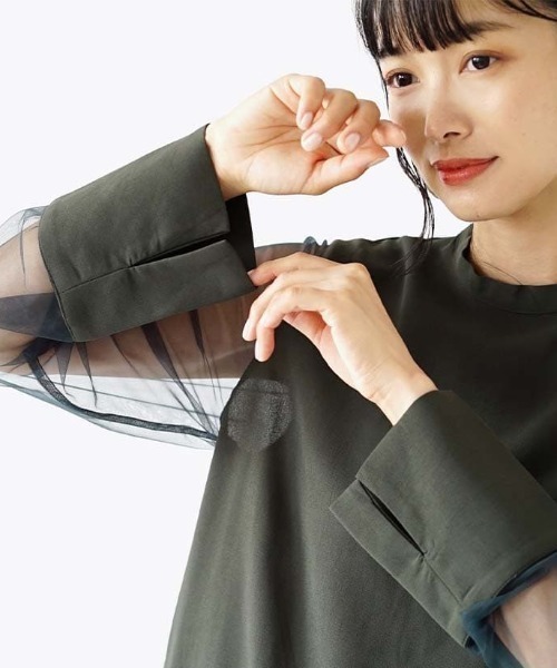 e-zakkamania stores（イーザッカマニアストアーズ）の「バブルヘム シアースリーブトップ（シャツ/ブラウス・レディース・カーキ/ブラック・M）」の3枚目の写真