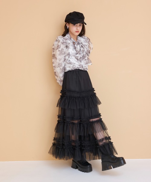 Lovilyn ラヴィリン レースラインリボンシャツブラウス Lovilyn レースラインリボンシャツブラウス サックスブルー