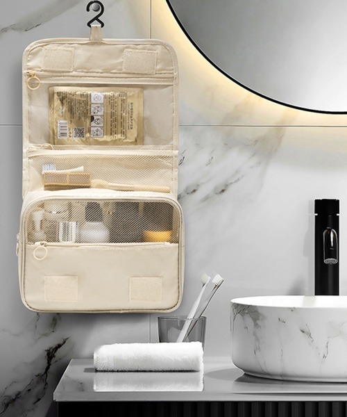 Miniministore（ミニミニストア）の「吊り下げメイクポーチ大容量トラベルポーチ（ポーチ・レディース・ベージュ/ネイビー/ダークグレー/アクア/ピンク/ブルー/ホワイト/ブラック・FREE）」の10枚目の写真