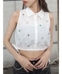 ビジューノースリーブクロップドシャツ