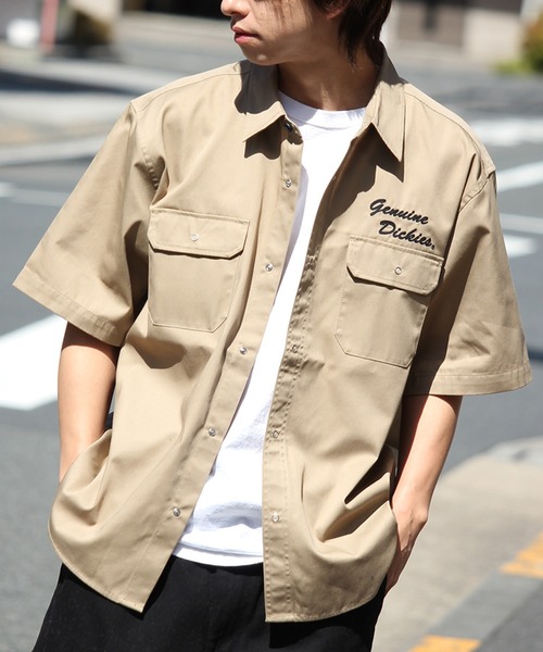 Dickies（ディッキーズ）の「【GENUINE DICKIES/ジェニュインディッキーズ】T/Cツイル刺繍入り 半袖ワークシャツ（シャツ/ブラウス・メンズ・ストライプ/インディゴブルー/ベージュ/ブルーグレー/カーキ/ブラック・M/L/XL）」の14枚目の写真