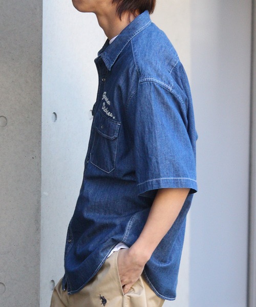 Dickies（ディッキーズ）の「【GENUINE DICKIES/ジェニュインディッキーズ】T/Cツイル刺繍入り 半袖ワークシャツ（シャツ/ブラウス・メンズ・ストライプ/インディゴブルー/ベージュ/ブルーグレー/カーキ/ブラック・M/L/XL）」の21枚目の写真