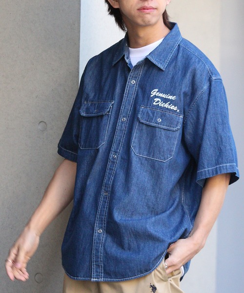 Dickies（ディッキーズ）の「【GENUINE DICKIES/ジェニュインディッキーズ】T/Cツイル刺繍入り 半袖ワークシャツ（シャツ/ブラウス・メンズ・ストライプ/インディゴブルー/ベージュ/ブルーグレー/カーキ/ブラック・M/L/XL）」の20枚目の写真