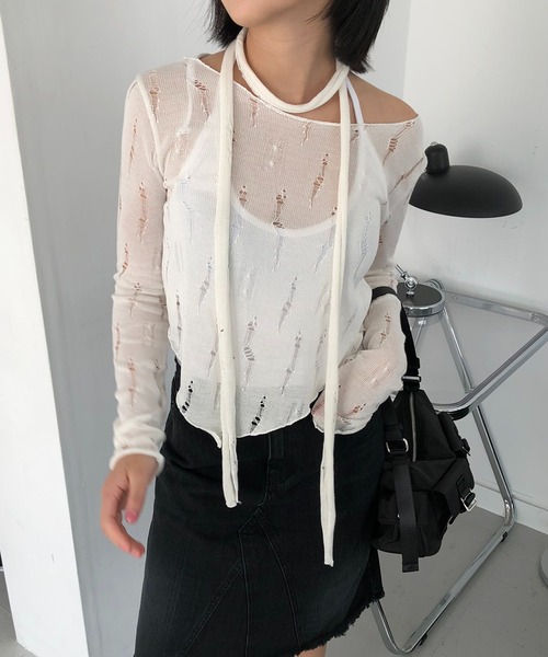 cream creme(クリームクレーム)の「ヴィンテージ マフラー ニットSET(Tシャツ/カットソー・レディース・ホワイト/ブラック・FREE)」の2枚目の写真
