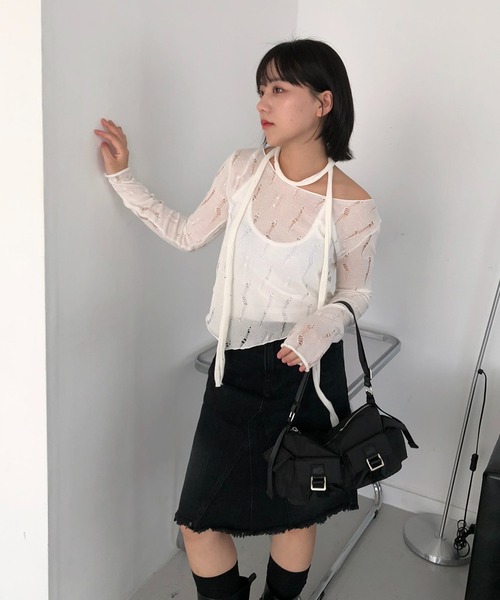 cream creme(クリームクレーム)の「ヴィンテージ マフラー ニットSET(Tシャツ/カットソー・レディース・ホワイト/ブラック・FREE)」の7枚目の写真