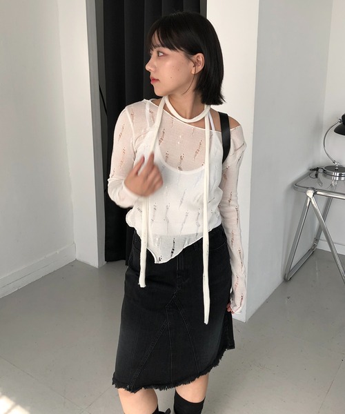 cream creme(クリームクレーム)の「ヴィンテージ マフラー ニットSET(Tシャツ/カットソー・レディース・ホワイト/ブラック・FREE)」の6枚目の写真