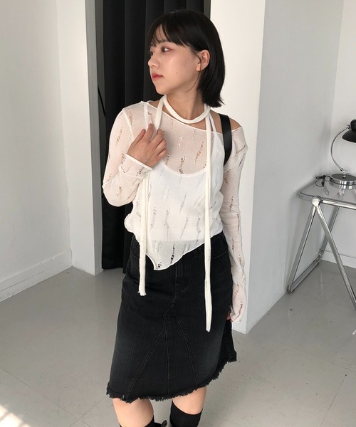 cream creme(クリームクレーム)の「ヴィンテージ マフラー ニットSET(Tシャツ/カットソー・レディース・ホワイト/ブラック・FREE)」の5枚目の写真