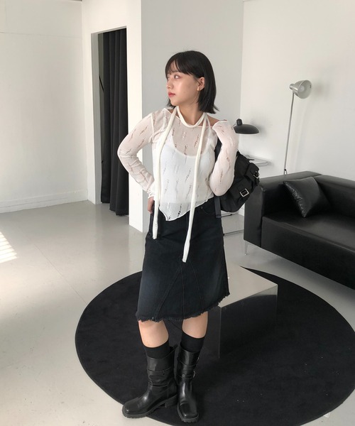 cream creme(クリームクレーム)の「ヴィンテージ マフラー ニットSET(Tシャツ/カットソー・レディース・ホワイト/ブラック・FREE)」の4枚目の写真