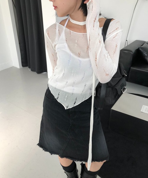 cream creme(クリームクレーム)の「ヴィンテージ マフラー ニットSET(Tシャツ/カットソー・レディース・ホワイト/ブラック・FREE)」の3枚目の写真