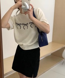 リボン刺繍サマーニット半袖プルオーバー
