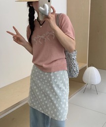 リボン刺繍サマーニット半袖プルオーバー