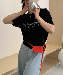 リボン刺繍サマーニット半袖プルオーバー