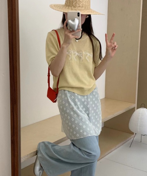 Jayro(ジャイロ)の「リボン刺繍サマーニット半袖プルオーバー(ニット/セーター・レディース・ブラック/イエロー/ホワイト/グリーン/ピンク・FREE)」の9枚目の写真