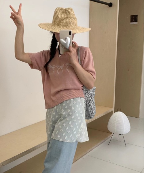 Jayro(ジャイロ)の「リボン刺繍サマーニット半袖プルオーバー(ニット/セーター・レディース・ブラック/イエロー/ホワイト/グリーン/ピンク・FREE)」の11枚目の写真