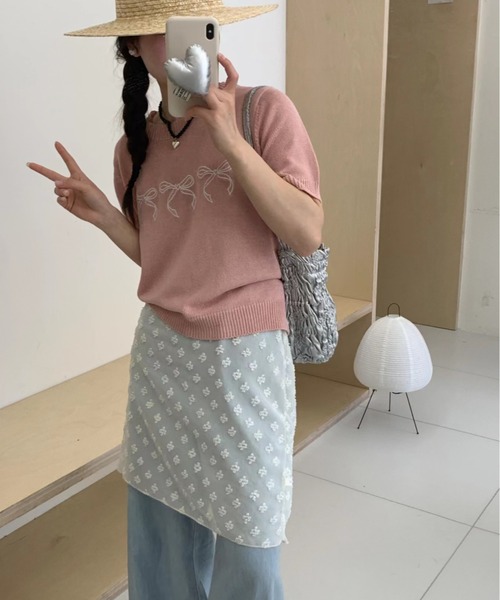 Jayro(ジャイロ)の「リボン刺繍サマーニット半袖プルオーバー(ニット/セーター・レディース・ブラック/イエロー/ホワイト/グリーン/ピンク・FREE)」の12枚目の写真