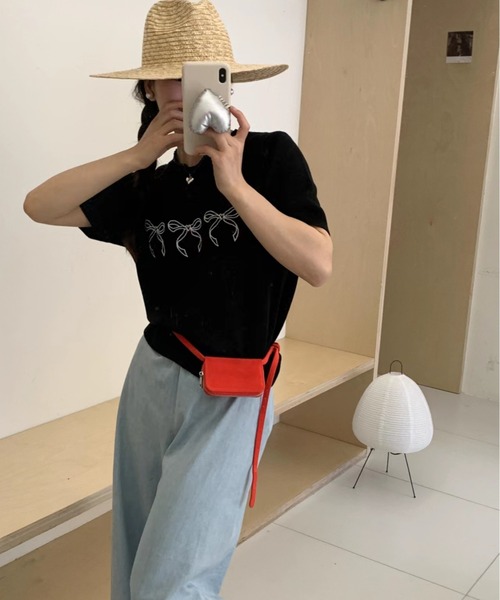 Jayro(ジャイロ)の「リボン刺繍サマーニット半袖プルオーバー(ニット/セーター・レディース・ブラック/イエロー/ホワイト/グリーン/ピンク・FREE)」の13枚目の写真