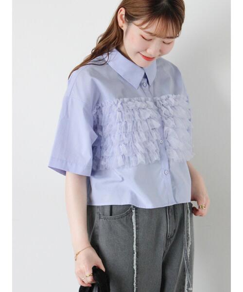 ehka sopo（エヘカソポ）の「チュール付ショートシャツ（シャツ/ブラウス・レディース・ネイビー/オフホワイト/サックスブルー/ブラック・F）」の4枚目の写真