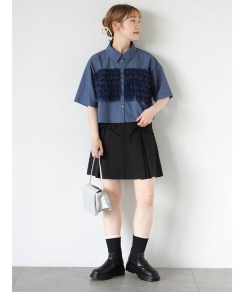 ehka sopo（エヘカソポ）の「チュール付ショートシャツ（シャツ/ブラウス・レディース・ネイビー/オフホワイト/サックスブルー/ブラック・F）」の9枚目の写真