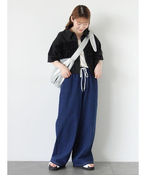 ehka sopo（エヘカソポ）の「チュール付ショートシャツ（シャツ/ブラウス・レディース・ネイビー/オフホワイト/サックスブルー/ブラック・F）」の6枚目の写真