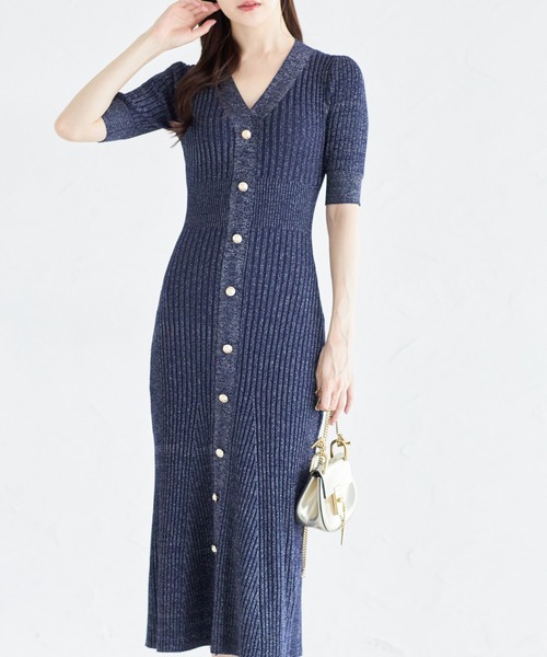 【美品】ババコ-babaco-タイトリブニットワンピース 美品】ババコ-babaco-タイトリブニットワンピース フロント飾り