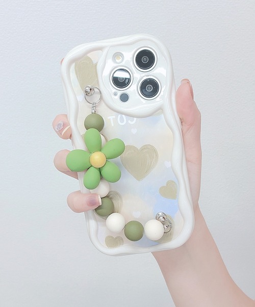 Lace Ladies(レースレディース)の「ウエーブライン 3D フラワーストラップ付き iPhone ケース(スマホケース/カバー・レディース・ブラック/ホワイト・A/F/I/K/J/P/Q/R/U/V/15 /15D)」の3枚目の写真