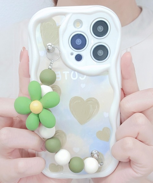 Lace Ladies(レースレディース)の「ウエーブライン 3D フラワーストラップ付き iPhone ケース(スマホケース/カバー・レディース・ブラック/ホワイト・A/F/I/K/J/P/Q/R/U/V/15 /15D)」の4枚目の写真