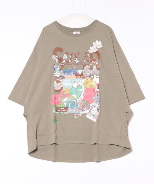 ScoLar(スカラー)の「143678:ScoLarちゃんのPOPでカラフルなプリント8分袖チュニック(Tシャツ/カットソー・レディース・ブラック/カーキ/オフホワイト/ブルー・M)」の3枚目の写真