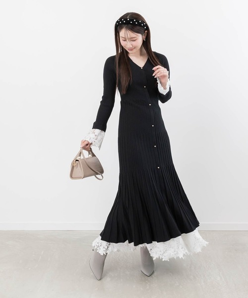 選べる丈感】レースドッキングフロント釦ニットワンピース（ワンピース  