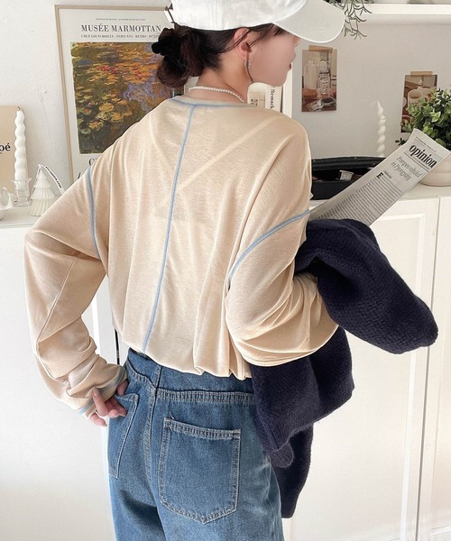 classicalelf（クラシカルエルフ）の「大人のこなれトップス。配色ステッチシアープルオーバー（長袖）（Tシャツ/カットソー・レディース・ブルー/ホワイト/ライトグレー/ブラウン/グリーン/オレンジ/ベージュ/ブラック・X-LARGE/SMALL/LARGE/MEDIUM）」の5枚目の写真