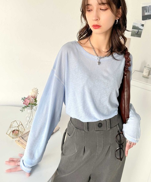 classicalelf（クラシカルエルフ）の「大人のこなれトップス。配色ステッチシアープルオーバー（長袖）（Tシャツ/カットソー・レディース・ブルー/ホワイト/ライトグレー/ブラウン/グリーン/オレンジ/ベージュ/ブラック・X-LARGE/SMALL/LARGE/MEDIUM）」の7枚目の写真