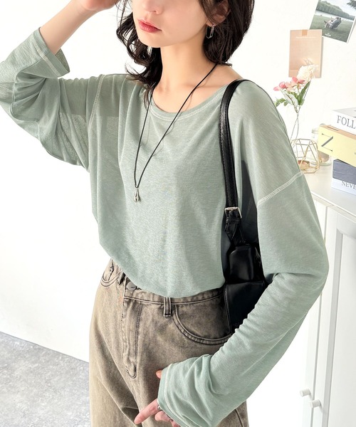 classicalelf（クラシカルエルフ）の「大人のこなれトップス。配色ステッチシアープルオーバー（長袖）（Tシャツ/カットソー・レディース・ブルー/ホワイト/ライトグレー/ブラウン/グリーン/オレンジ/ベージュ/ブラック・X-LARGE/SMALL/LARGE/MEDIUM）」の6枚目の写真