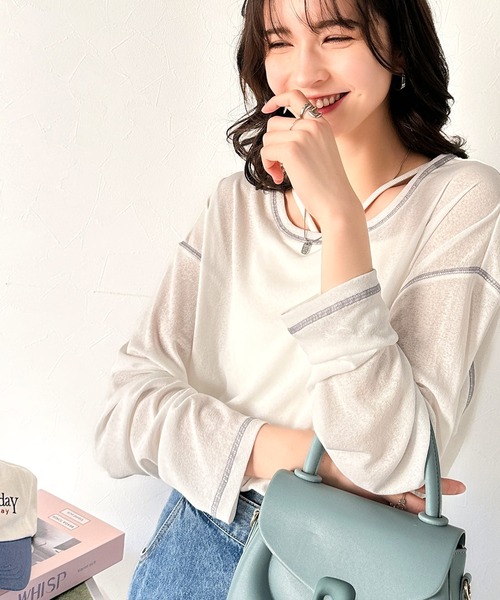 セール】大人のこなれトップス。配色ステッチシアープルオーバー（長袖