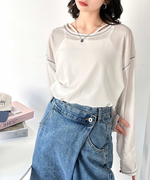 classicalelf（クラシカルエルフ）の「大人のこなれトップス。配色ステッチシアープルオーバー（長袖）（Tシャツ/カットソー・レディース・ブルー/ホワイト/ライトグレー/ブラウン/グリーン/オレンジ/ベージュ/ブラック・X-LARGE/SMALL/LARGE/MEDIUM）」の11枚目の写真