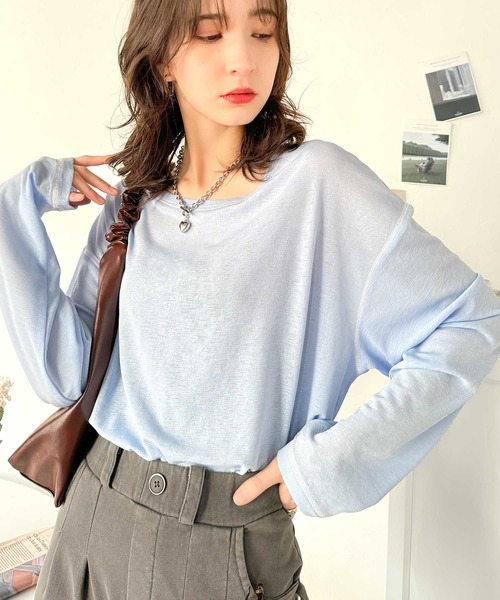 classicalelf（クラシカルエルフ）の「大人のこなれトップス。配色ステッチシアープルオーバー（長袖）（Tシャツ/カットソー・レディース・ブルー/ホワイト/ライトグレー/ブラウン/グリーン/オレンジ/ベージュ/ブラック・X-LARGE/SMALL/LARGE/MEDIUM）」の13枚目の写真