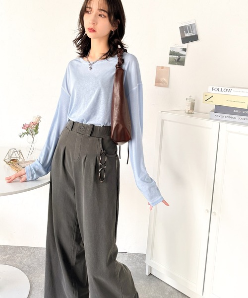 classicalelf（クラシカルエルフ）の「大人のこなれトップス。配色ステッチシアープルオーバー（長袖）（Tシャツ/カットソー・レディース・ブルー/ホワイト/ライトグレー/ブラウン/グリーン/オレンジ/ベージュ/ブラック・X-LARGE/SMALL/LARGE/MEDIUM）」の15枚目の写真