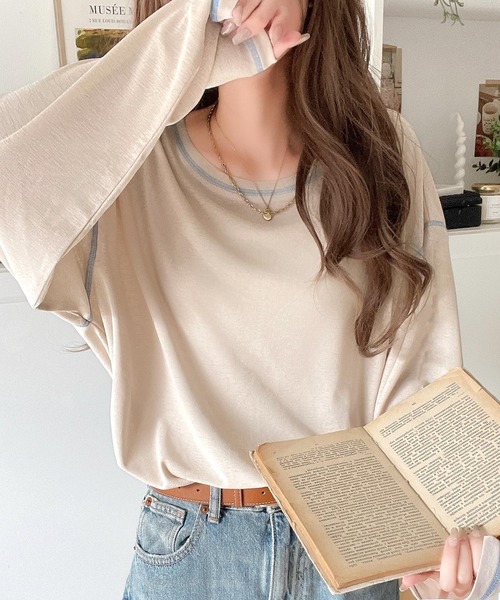 classicalelf（クラシカルエルフ）の「大人のこなれトップス。配色ステッチシアープルオーバー（長袖）（Tシャツ/カットソー・レディース・ブルー/ホワイト/ライトグレー/ブラウン/グリーン/オレンジ/ベージュ/ブラック・X-LARGE/SMALL/LARGE/MEDIUM）」の12枚目の写真