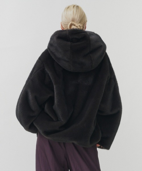 まころん♦新品♦ミカーレミカーレ フード付き黒エコファージャケット セール】MINK IMITATION FUR HOODIE JACKET / ミンクイミテーション