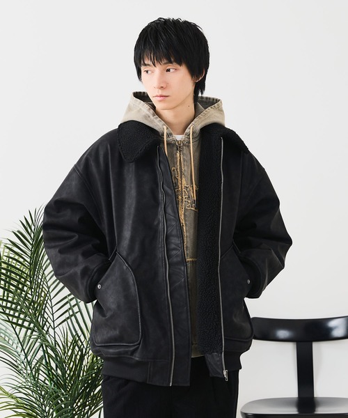UNIIT(ユニット)の「【UNIIT/ユニット】ヴィンテージライク オーバーサイズ PUボアフライトジャケット(ミリタリージャケット・メンズ・ブラック/ブラウン・MEDIUM/LARGE)」の13枚目の写真
