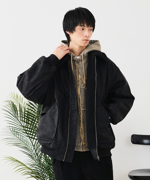 UNIIT(ユニット)の「【UNIIT/ユニット】ヴィンテージライク オーバーサイズ PUボアフライトジャケット(ミリタリージャケット・メンズ・ブラック/ブラウン・MEDIUM/LARGE)」の14枚目の写真