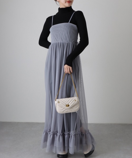 Lace Ladies(レースレディース)の「【2点セット】リブニット バックリボン チュール マキシ ワンピース(ワンピース・レディース・グレー/ブラック/ピンク・FREE)」の2枚目の写真