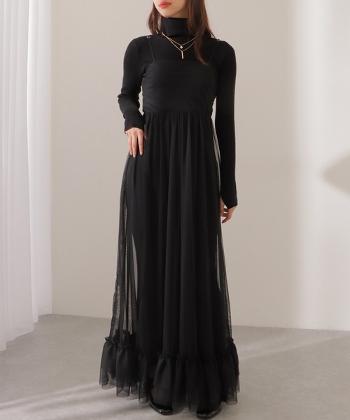 Lace Ladies(レースレディース)の「【2点セット】リブニット バックリボン チュール マキシ ワンピース(ワンピース・レディース・グレー/ブラック/ピンク・FREE)」の1枚目の写真