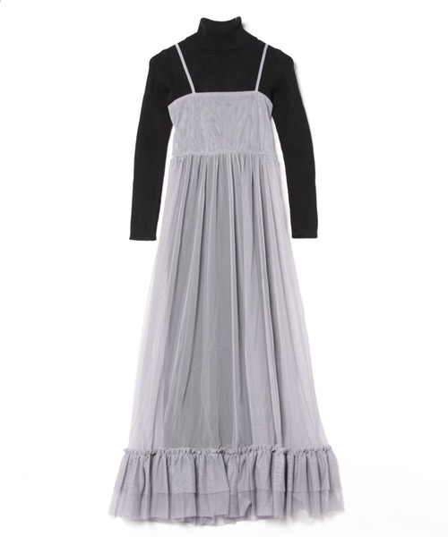 Lace Ladies(レースレディース)の「【2点セット】リブニット バックリボン チュール マキシ ワンピース(ワンピース・レディース・グレー/ブラック/ピンク・FREE)」の4枚目の写真