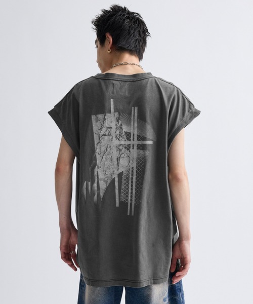 セール】Cut-off edge design pigment sleeveless T-shirt