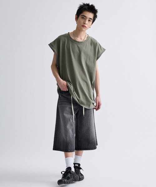 セール】Cut-off edge design pigment sleeveless T-shirt