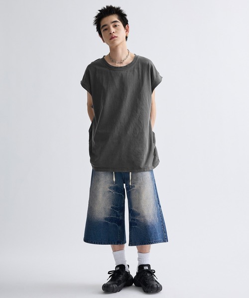 セール】Cut-off edge design pigment sleeveless T-shirt