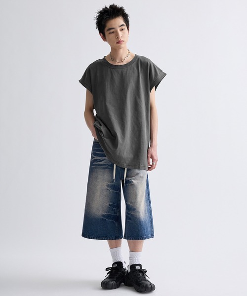 Cut-off edge design pigment sleeveless T-shirt/カットオフ