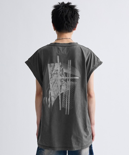 Cut-off edge design pigment sleeveless T-shirt/カットオフ