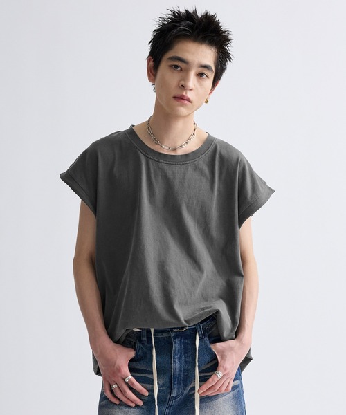 セール】Cut-off edge design pigment sleeveless T-shirt