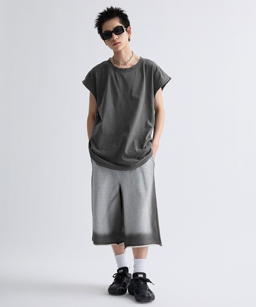 フランス発 Sandro 大人カジュアル ビーズ ノースリーブ Tシャツ Cut-off edge design pigment sleeveless T-shirt/カットオフ